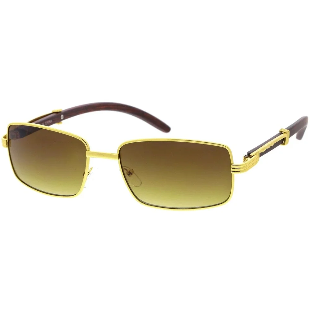 Mens Gold Rectangular Sunglasses Wood Grain Temples Brown Gradient Lens Retro